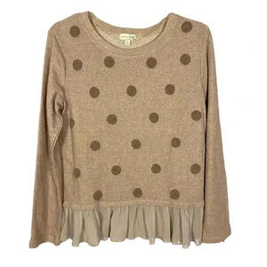 Madison Jules Beaded Tiered Contrast Mix Media Polka Dot Chiffon Ruffled Sweater